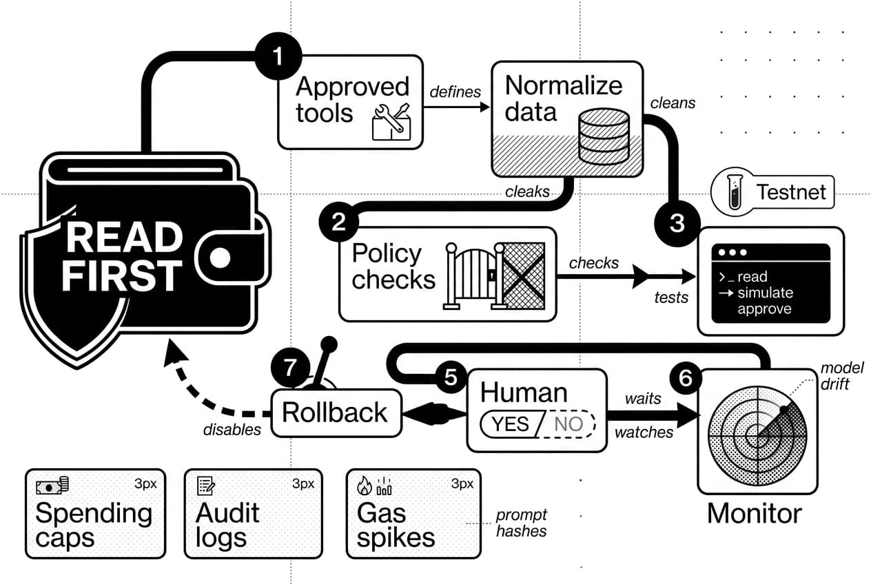 Infographic showing how to build a crypto AI agent with Testnet simulation steps.