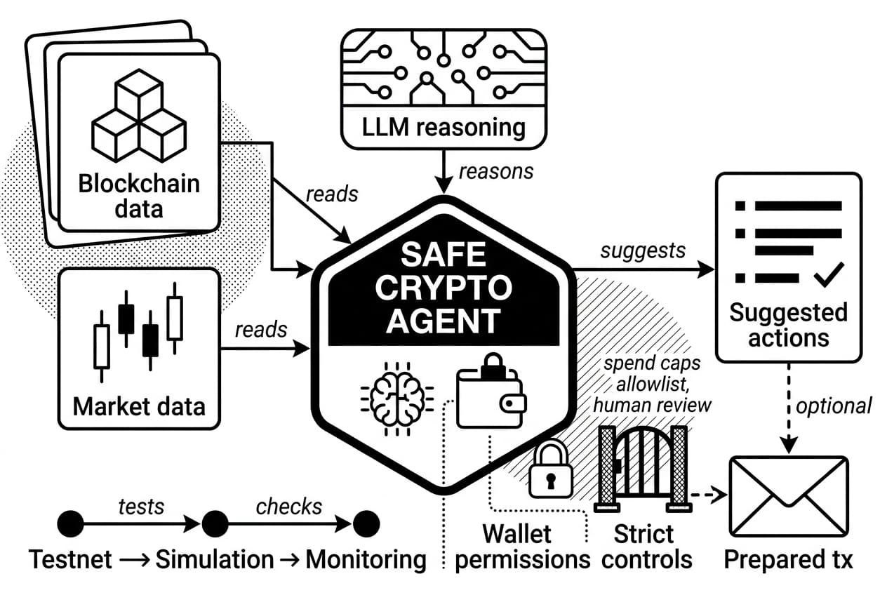 Monochrome SAFE CRYPTO AGENT system diagram showing data inputs, LLM reasoning, controls, and transactions