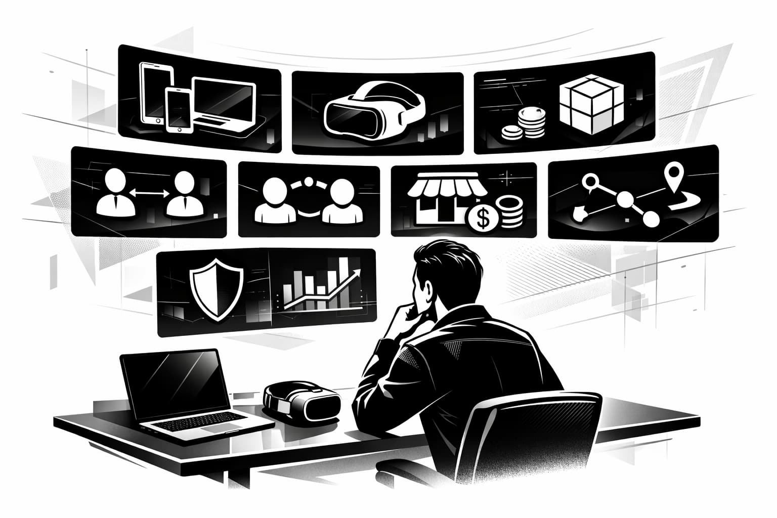 Creator comparing metaverse builder features with devices, analytics, and moderation icons
