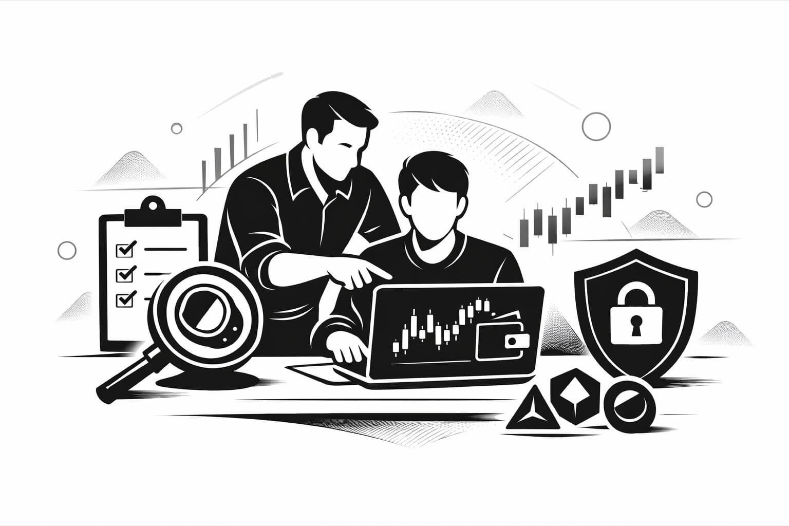 Mentor guiding beginner researching altcoins with security icons and charts on laptop