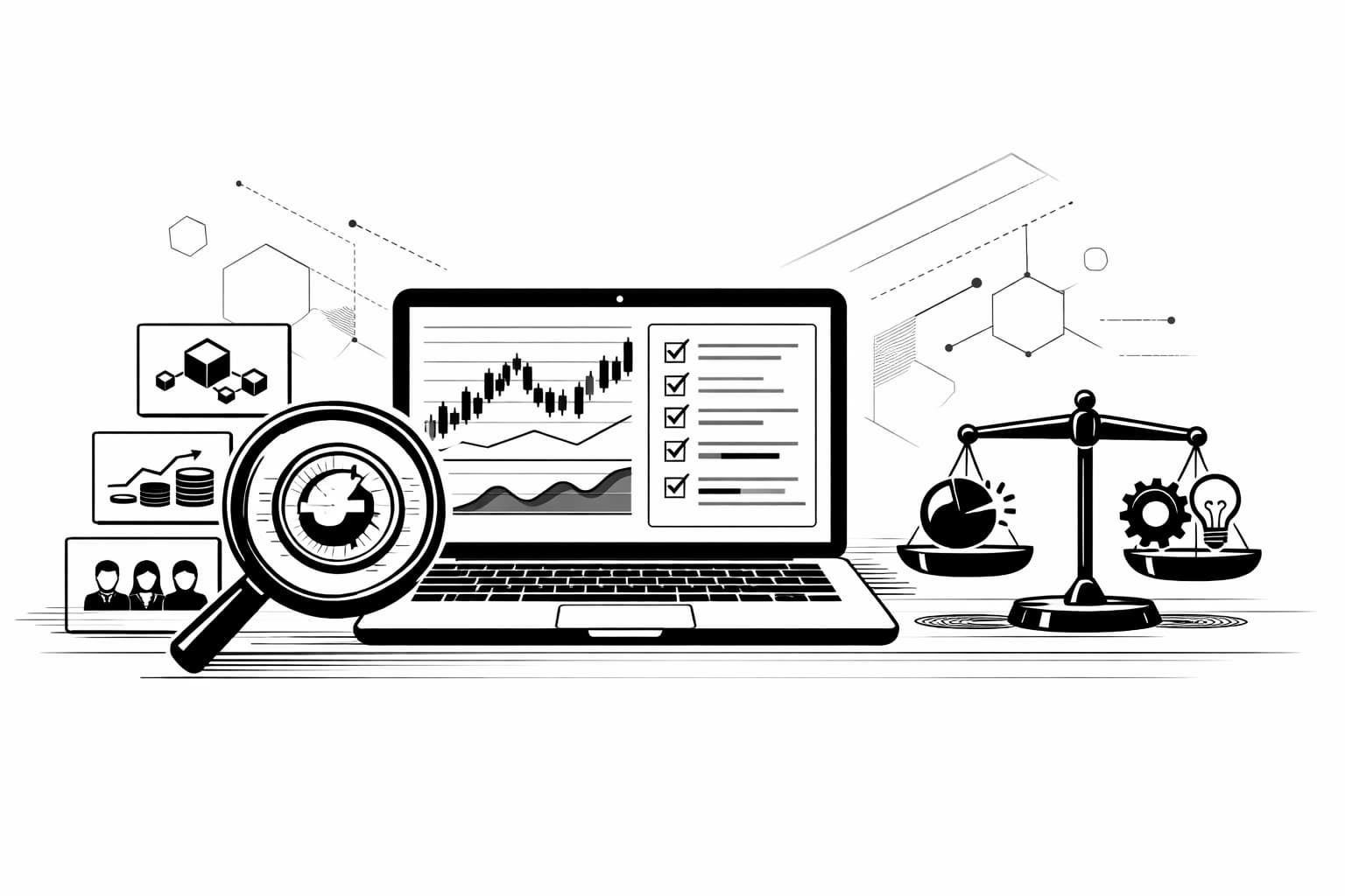 Beginner researching an altcoin on laptop with charts, checklist, and risk icons