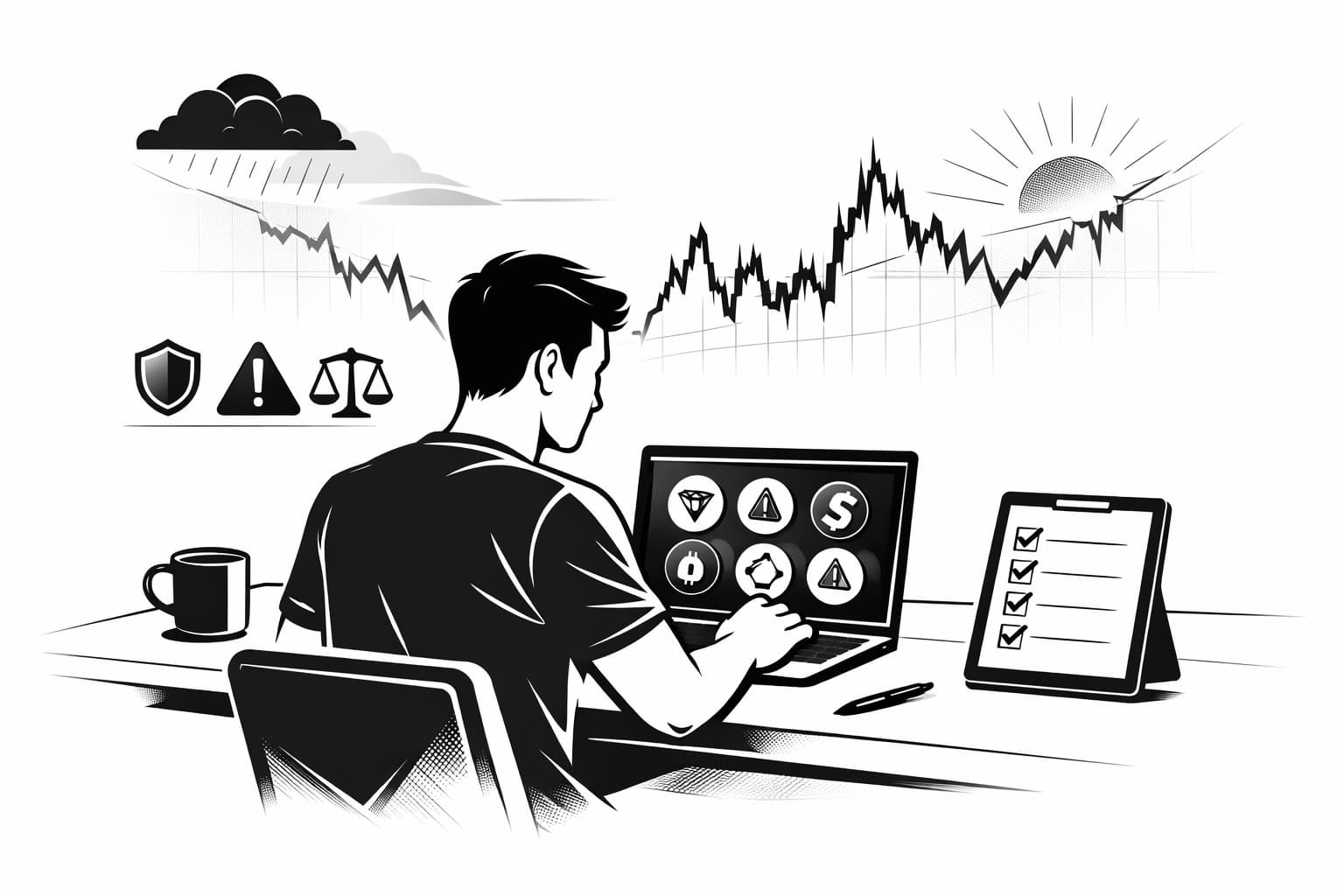 Beginner reviewing altcoin investments with risk icons and volatile market chart background
