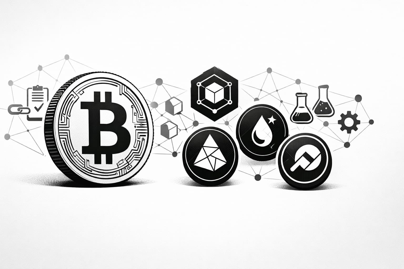 Bitcoin beside diverse altcoin tokens with blockchain network nodes in background