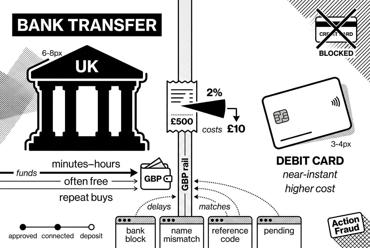 Infographic for buying Ethereum in the UK compares GBP transfers, cards, Action Fraud cautions.