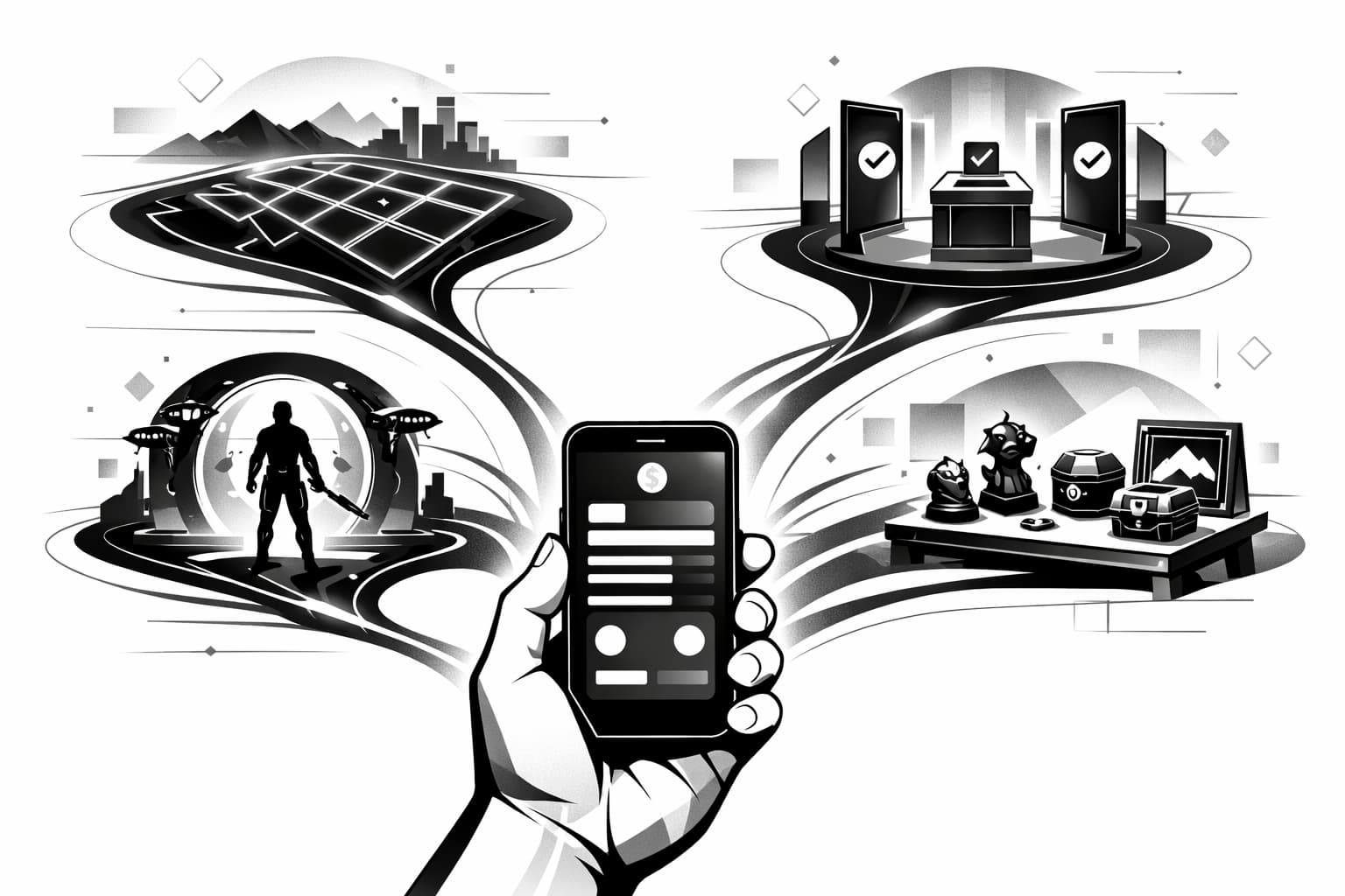 Metaverse token wallet branching into land, DAO voting, games, and NFT items