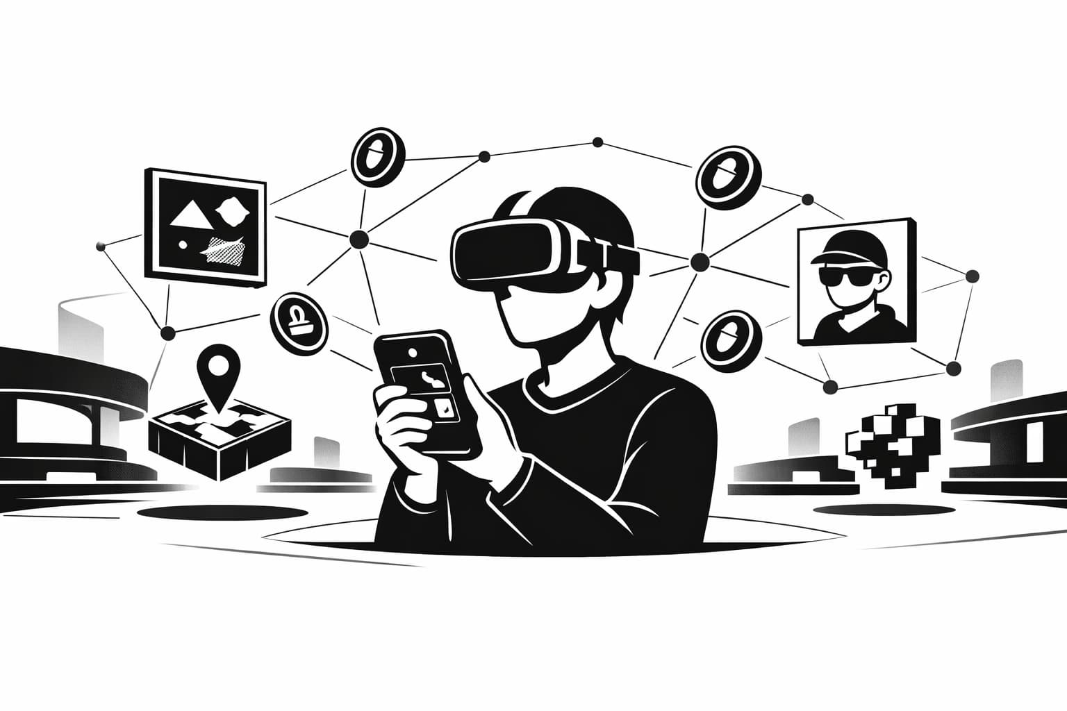 Beginner using a crypto wallet in a virtual world with token icons