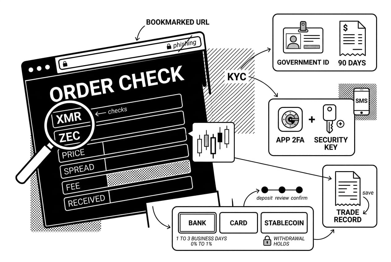 Annotated exchange order screen checks XMR and ZEC for a privacy coin purchase.