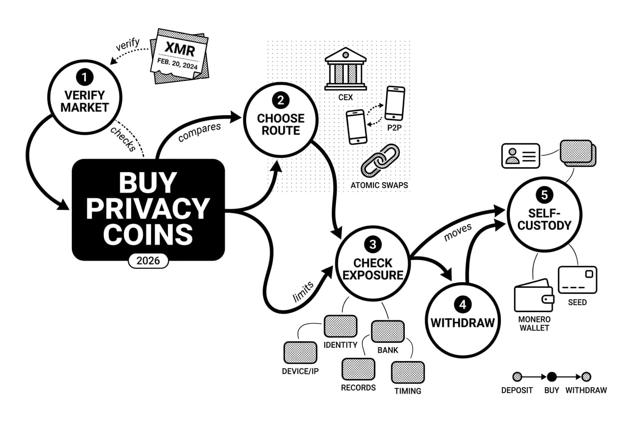 Infographic route to buy privacy coins with CEX, P2P, XMR, and Monero wallet.