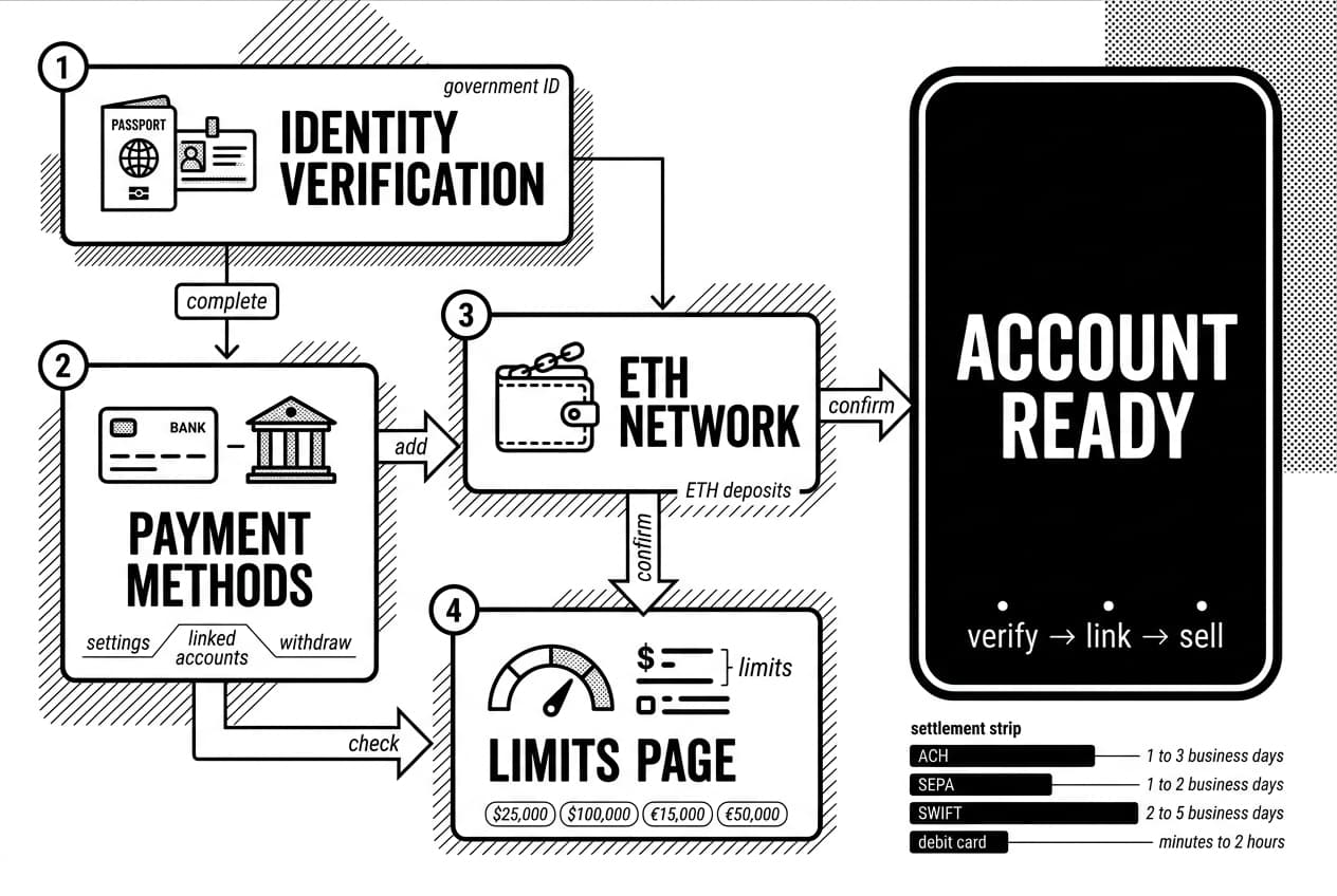 Numbered infographic shows ETH cash-out account verification, linked payments, network, and limits.