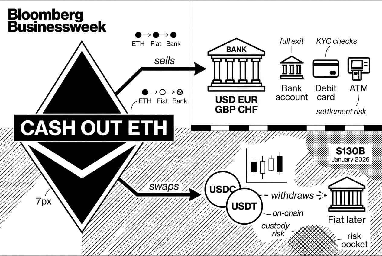 Split infographic shows Ethereum CASH OUT ETH paths to banks or USDC USDT.