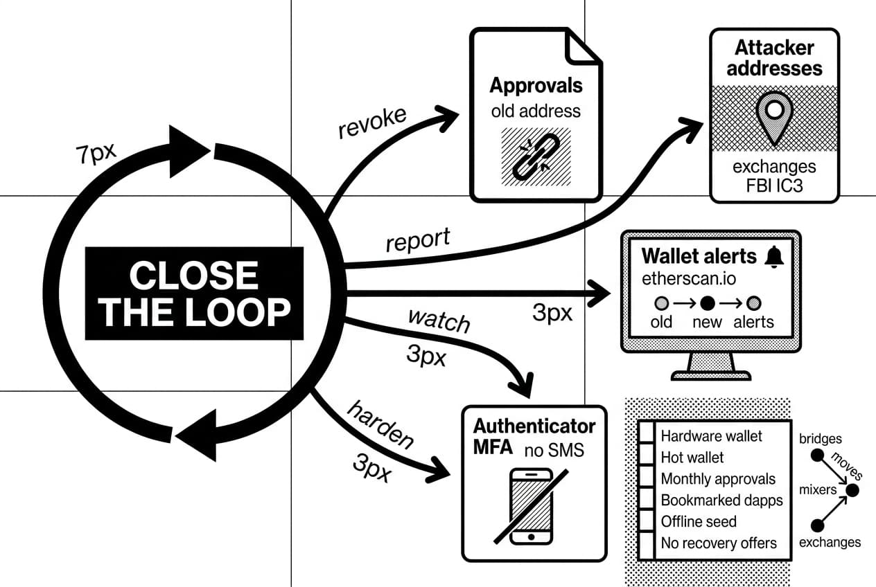 Monochrome wallet compromise flowchart showing revoke, report to FBI IC3, and etherscan.io alerts