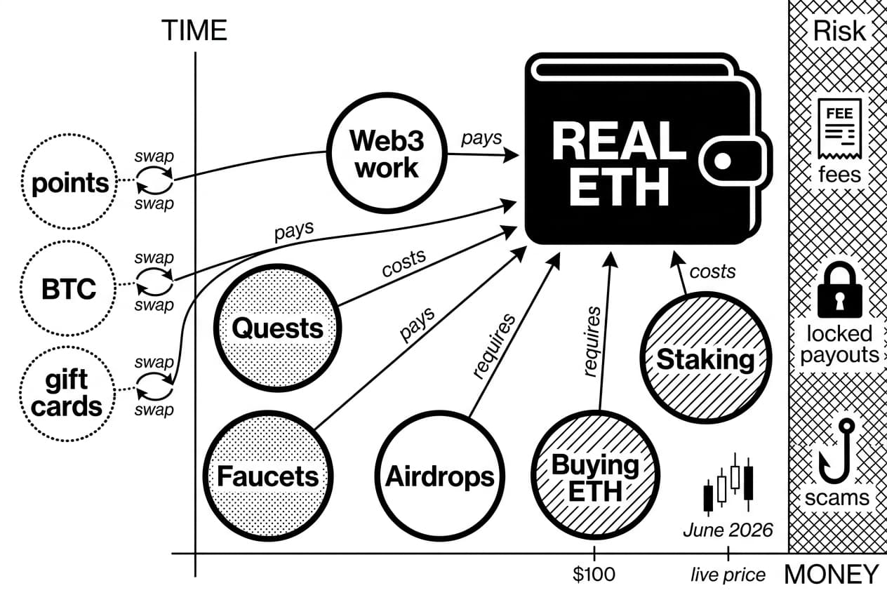 Monochrome infographic mapping free and paid ways to earn ETH by time and money
