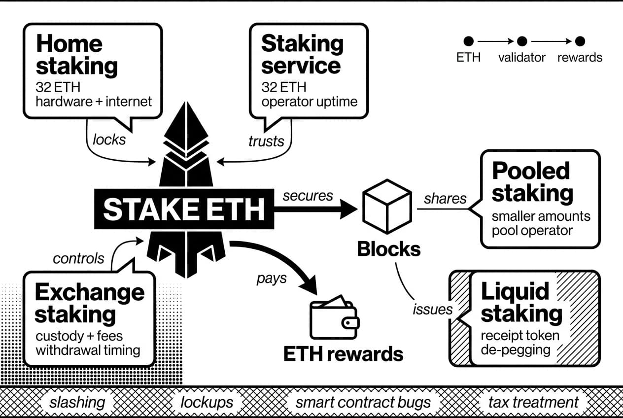 Monochrome infographic showing ETH staking options, validator security, rewards, and risk callouts.