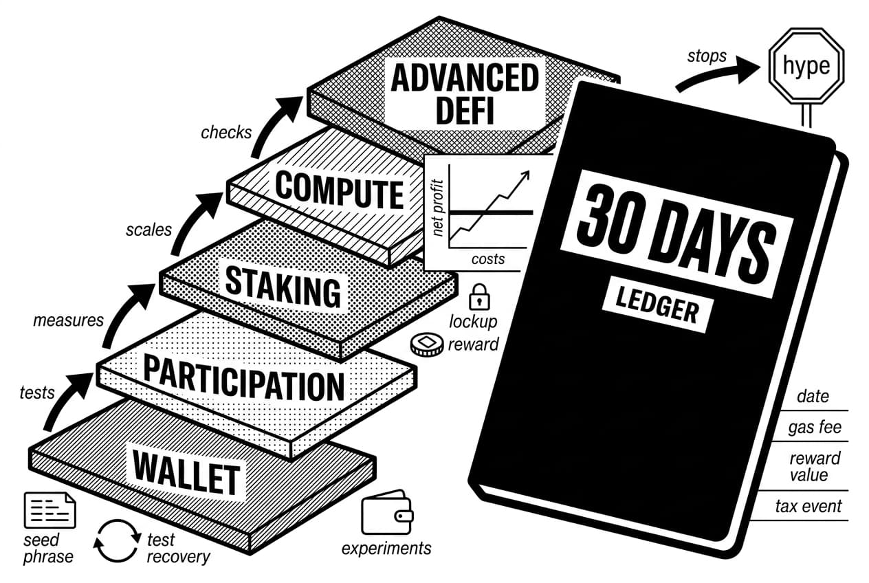 Monochrome AI crypto earning plan showing staking, compute, participation, and ledger tracking.