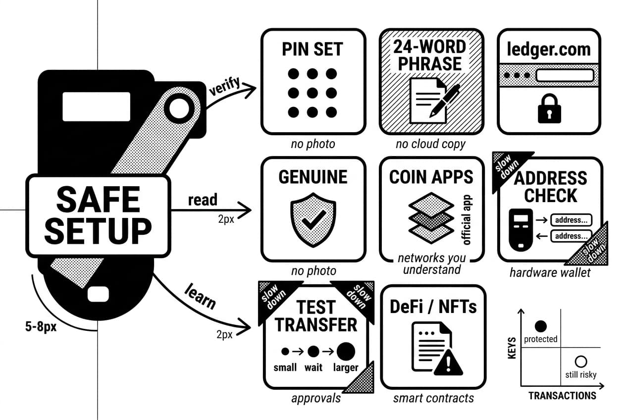 Monochrome Ledger setup checklist showing safe setup steps, ledger.com verification, and transfer checks.