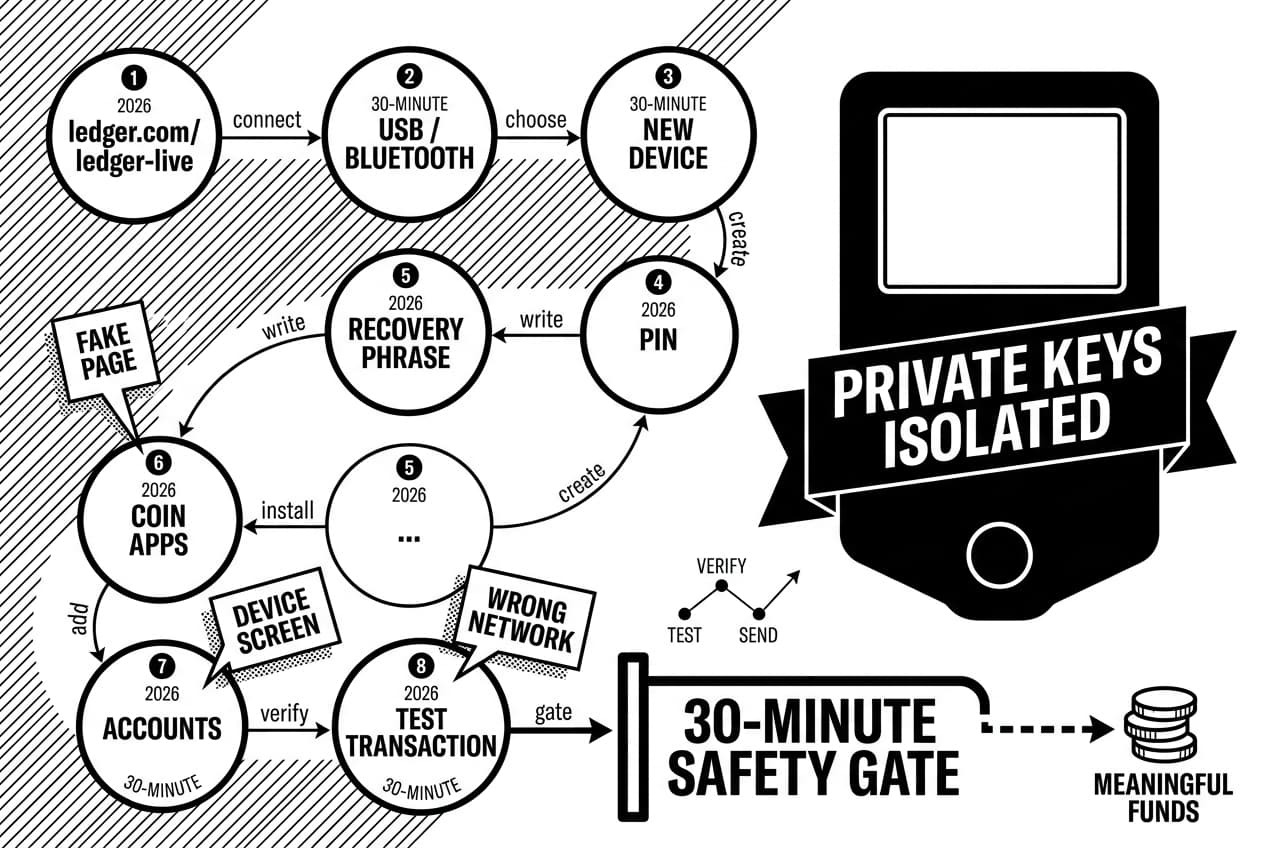 Monochrome infographic showing Ledger wallet setup steps and isolated private keys.