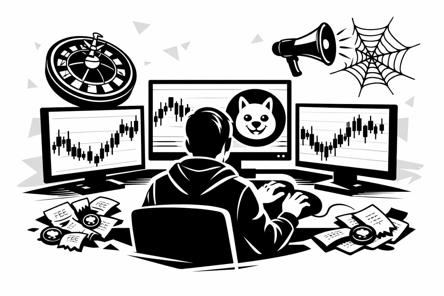 Beginner trader overwhelmed by meme coin volatility, hype signals, and hidden fees