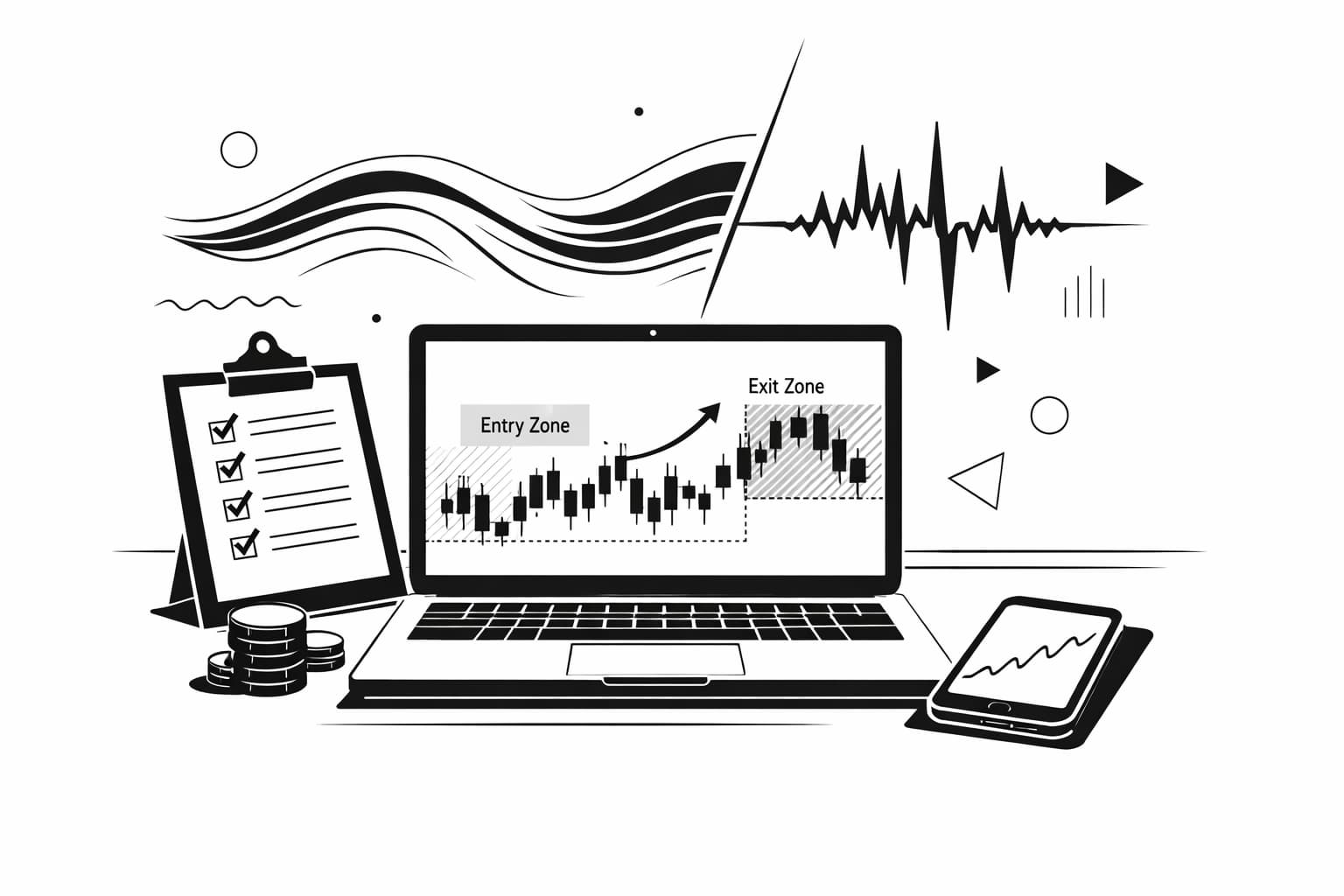 Trader planning meme coin entries, exits, profit targets, and stop losses on chart
