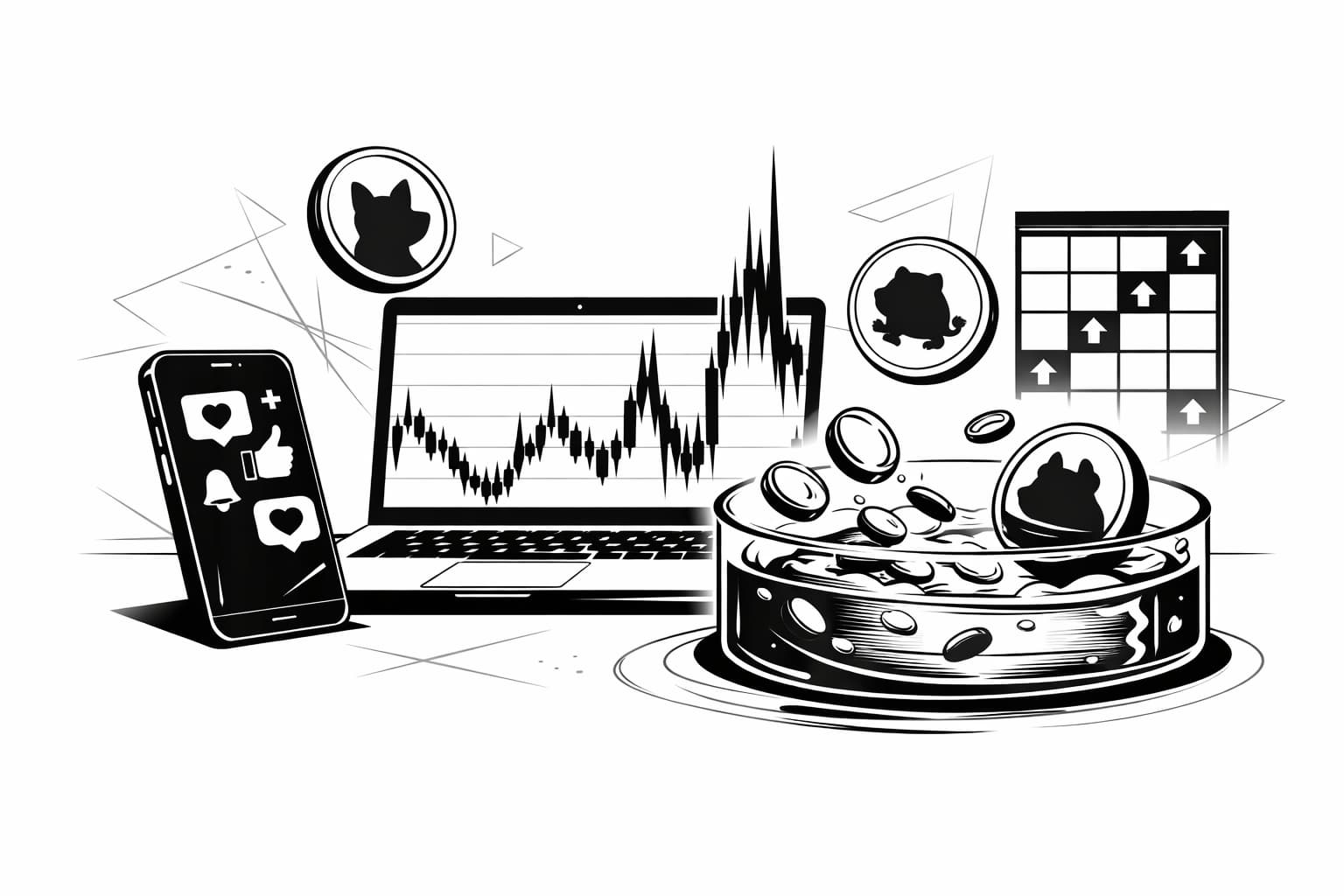 Trader analyzing meme coin volatility, social hype signals, and liquidity flows