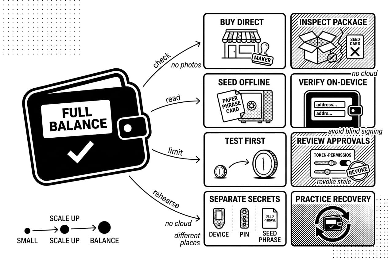 Monochrome hardware wallet safety checklist showing full balance and eight best-practice cards.