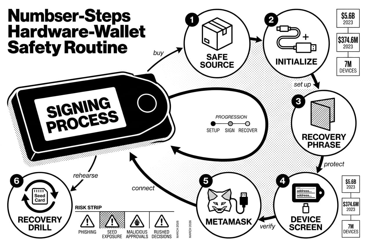 Infographic shows hardware wallet safety routine with METAMASK, recovery phrase, and verification steps.