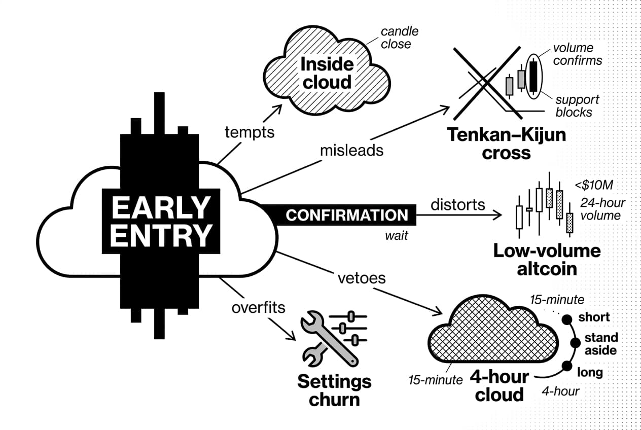 Ichimoku Cloud infographic showing early entry and five crypto trading mistake signals