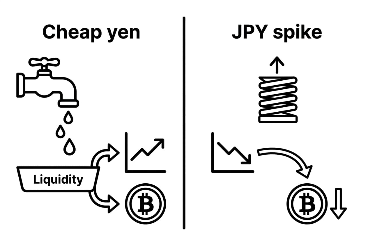 Split diagram showing cheap yen liquidity faucet versus JPY spike squeeze selling Bitcoin.