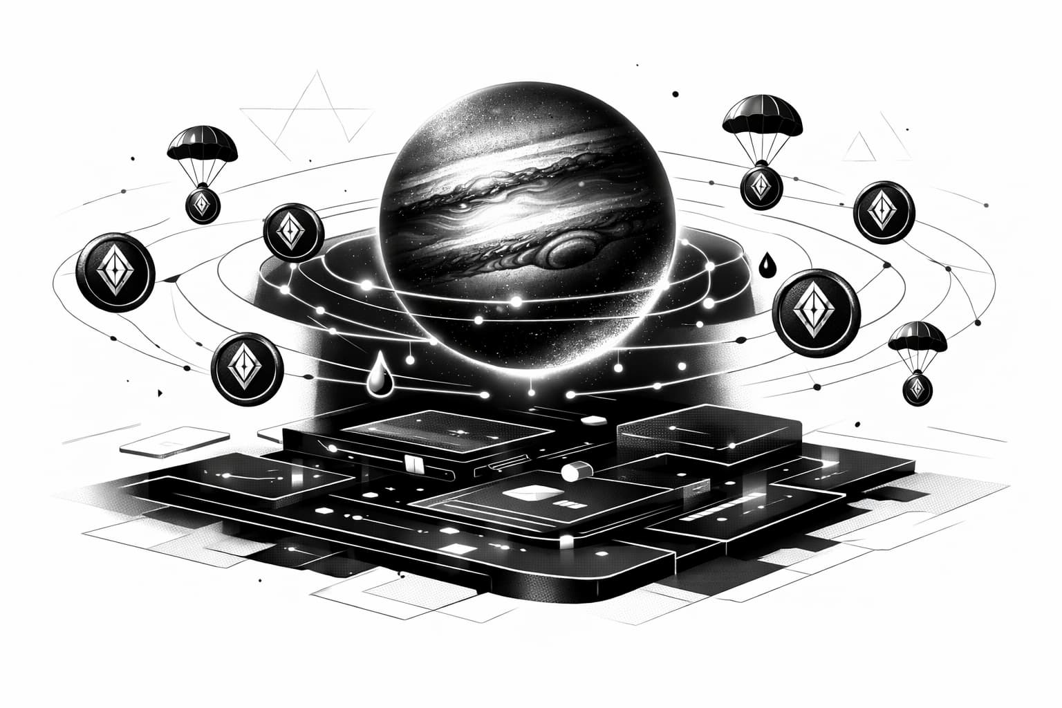 Glowing Jupiter above abstract crypto network showing token distribution and airdrop flow