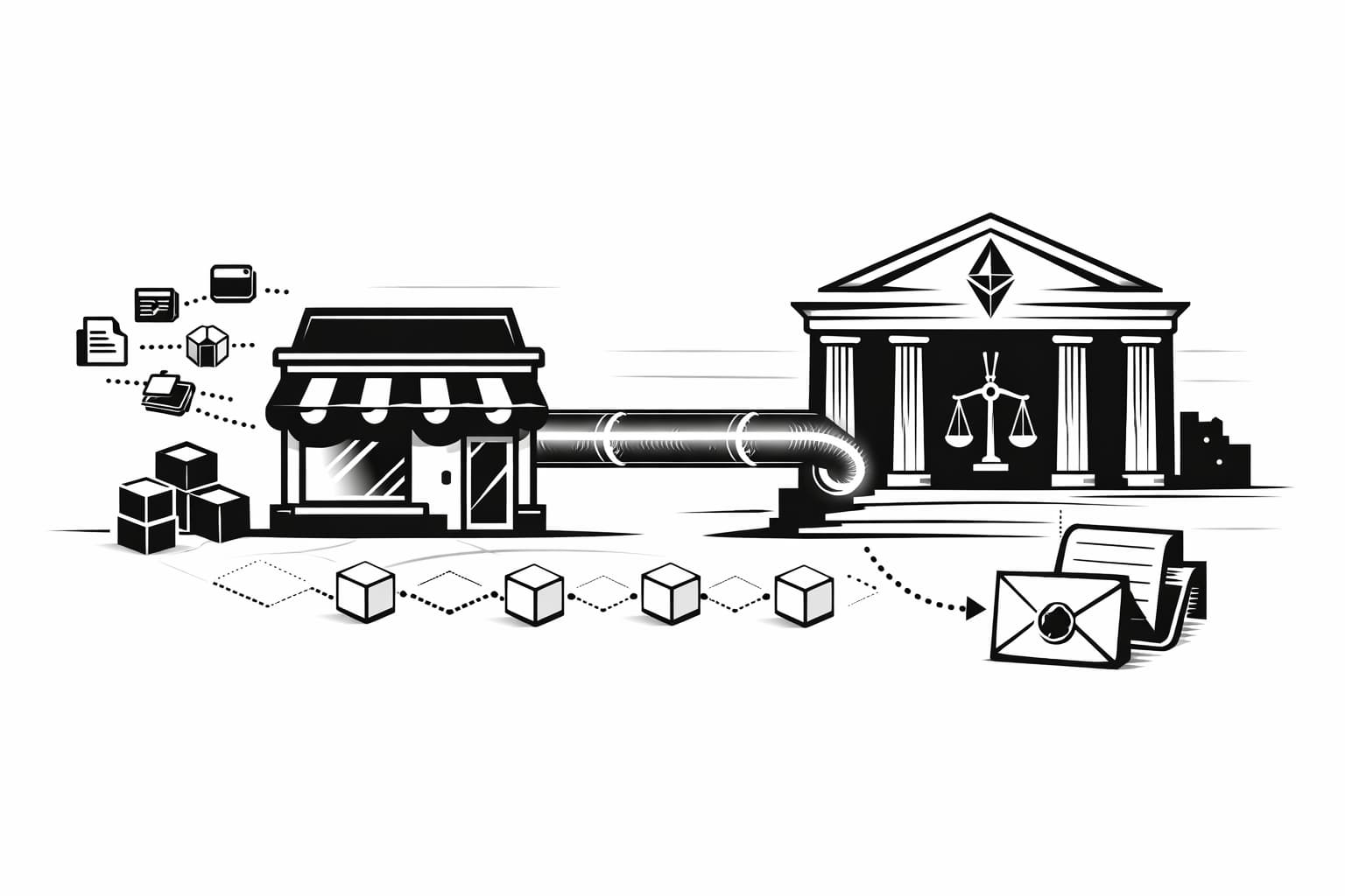 Franchise storefront linked to Ethereum courthouse, illustrating rollup borrowed security