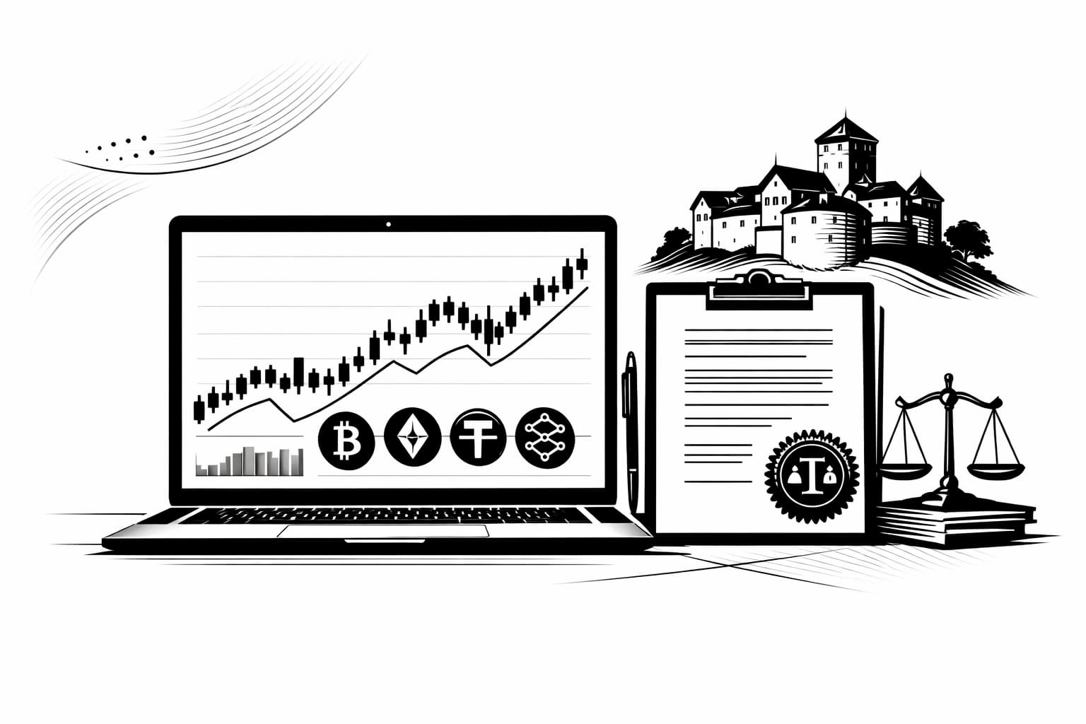 Laptop with crypto price chart and regulatory seal symbolizing LCX compliance in Europe