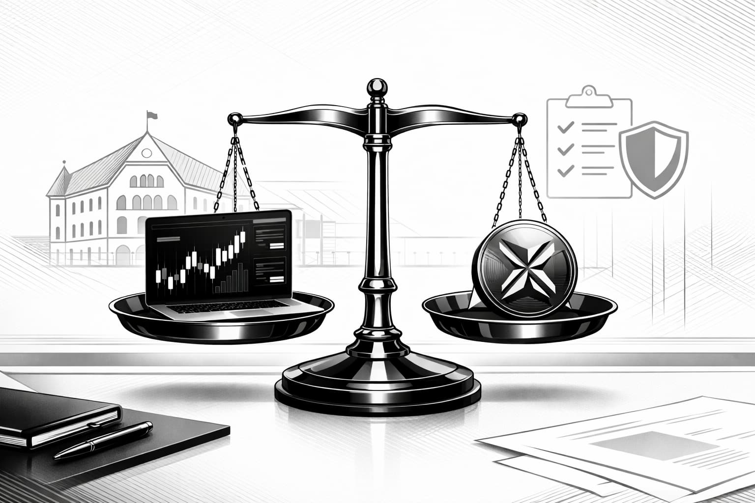 Balanced scale weighing crypto exchange platform against token investment decision