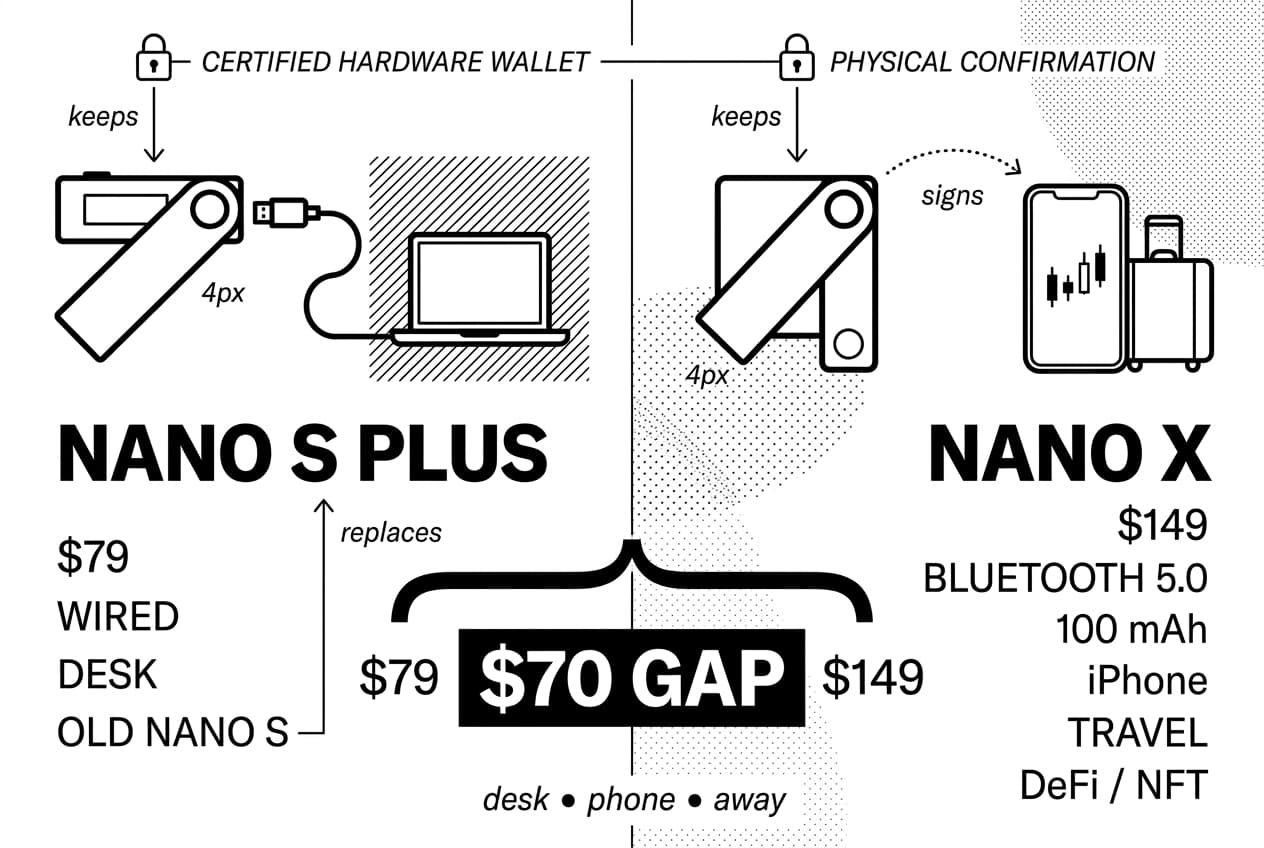 Monochrome Ledger Nano X vs Nano S Plus infographic comparing prices and use cases.