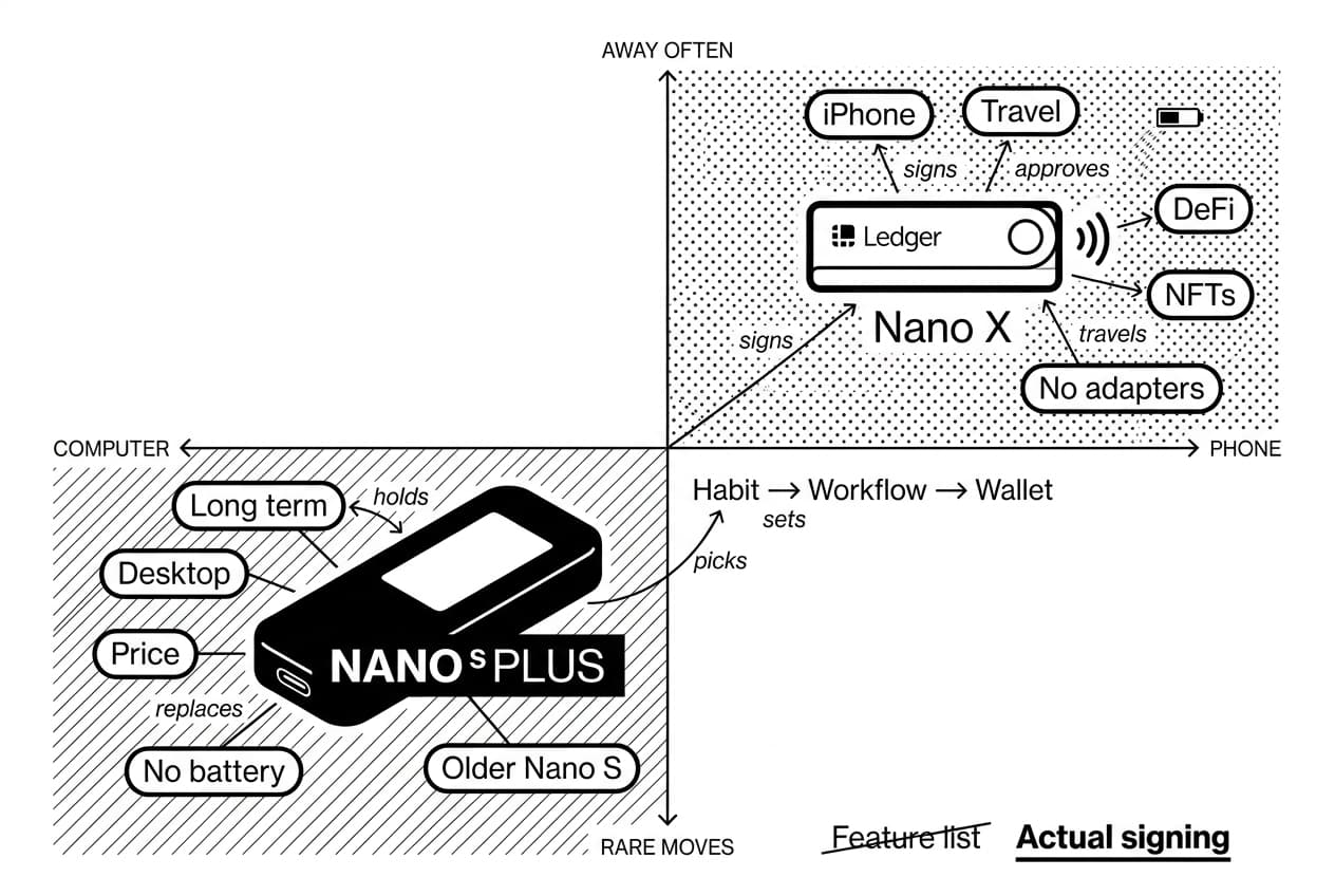 Ledger decision matrix comparing Nano X and NANO S PLUS for desktop and phone signing.