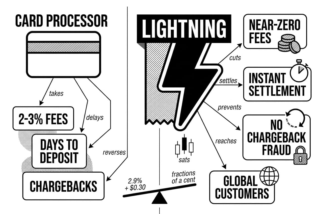 Split infographic comparing card processors vs Lightning Network merchant payment benefits and speed.