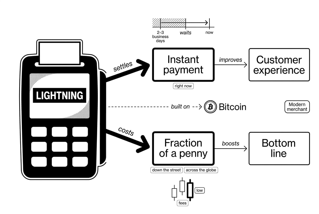 Monochrome POS terminal infographic showing Lightning settles instantly, costs less, built on Bitcoin.