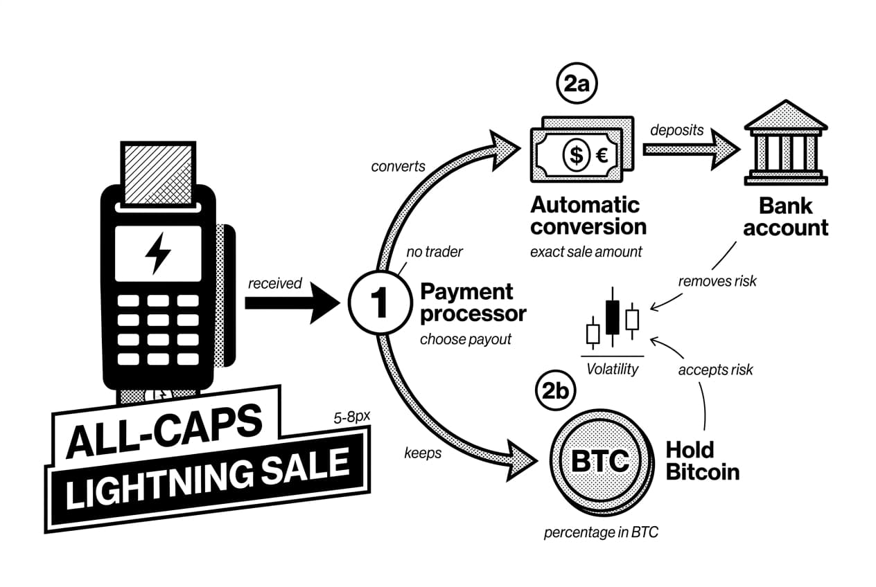 Monochrome diagram of Lightning sale flowing to payment processor, then convert to fiat or hold BTC.