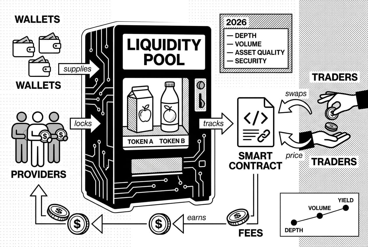 Black-and-white diagram explaining DeFi liquidity pools with TOKEN A and TOKEN B vending machine.