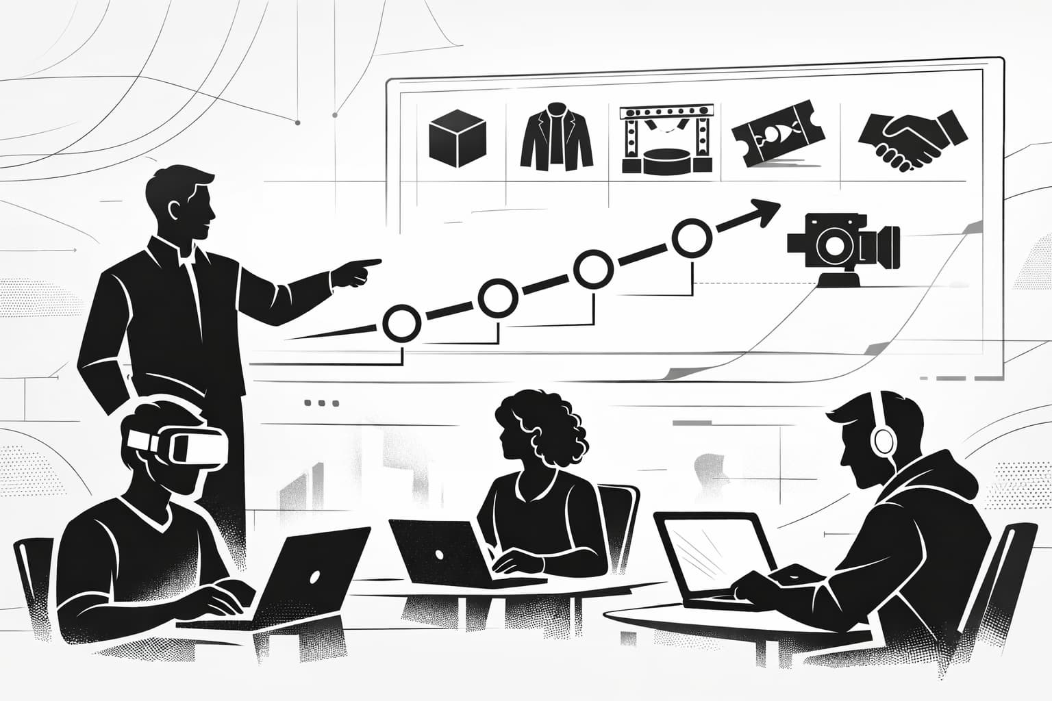 Mentor guiding creators through multiple metaverse income streams on a holographic dashboard
