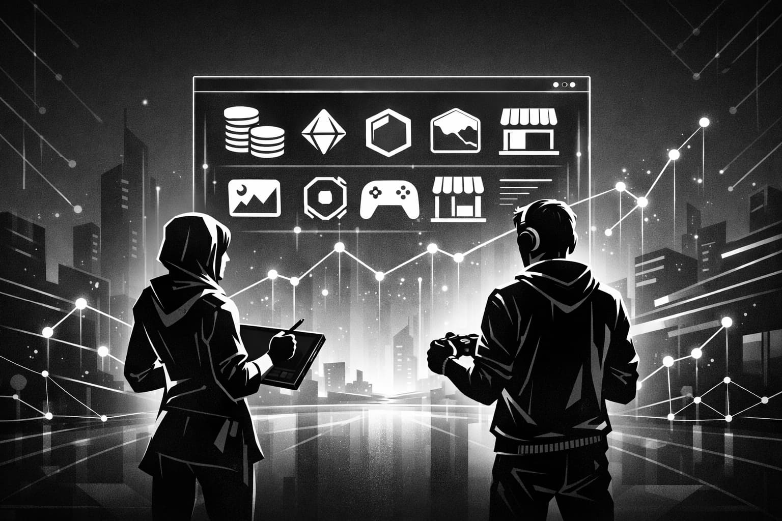 Creator and player avatars in a metaverse marketplace with glowing income pathways