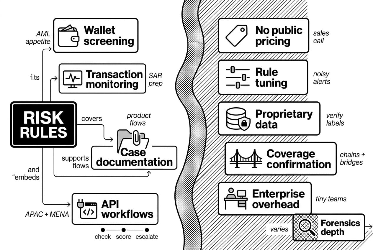 Merkle Science review infographic comparing risk rules workflows with pricing and coverage cautions