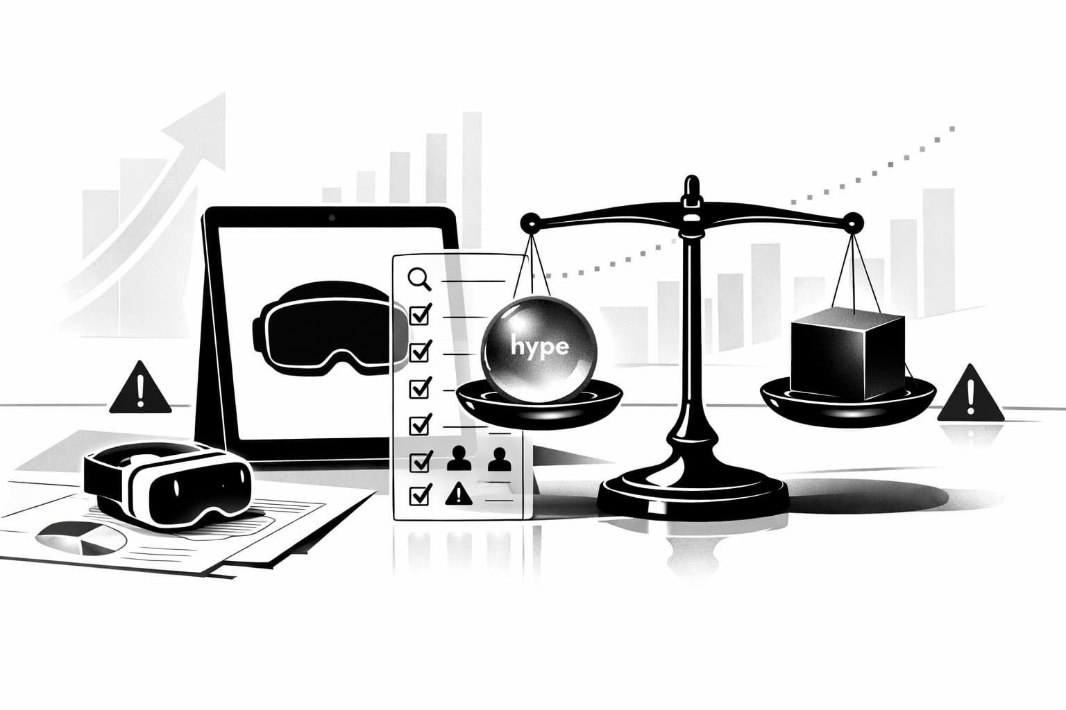 Investor evaluating XR project using evidence checklist and balanced hype scale