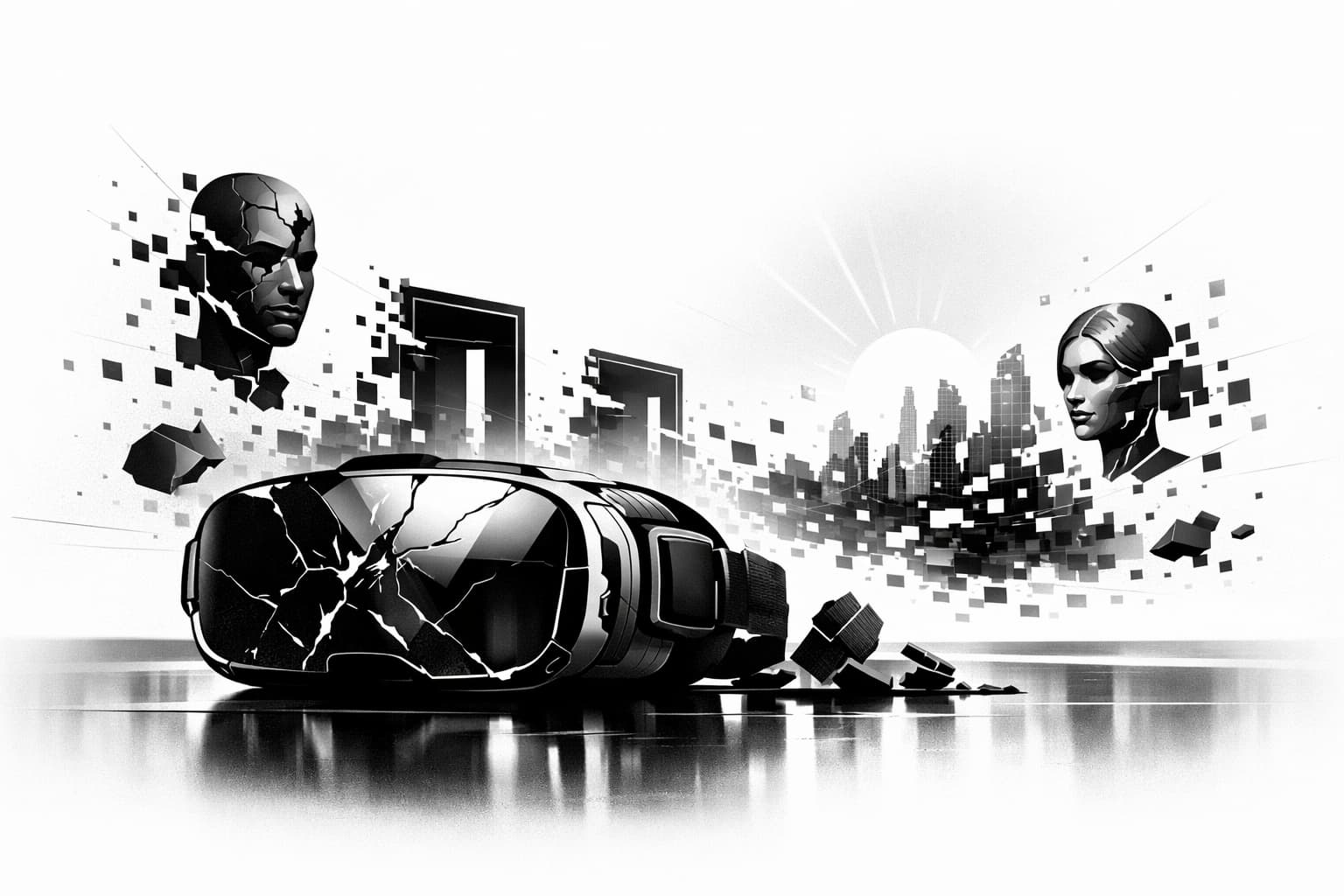 Shattered VR headset with dissolving virtual city, symbolizing metaverse hype collapse