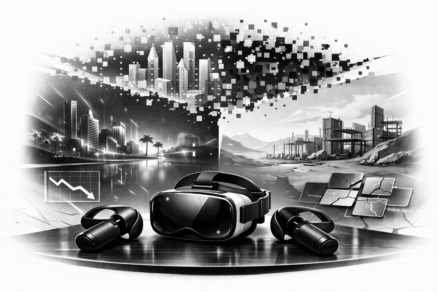 VR headset with fading holographic world symbolizing metaverse hype breakdown and reality