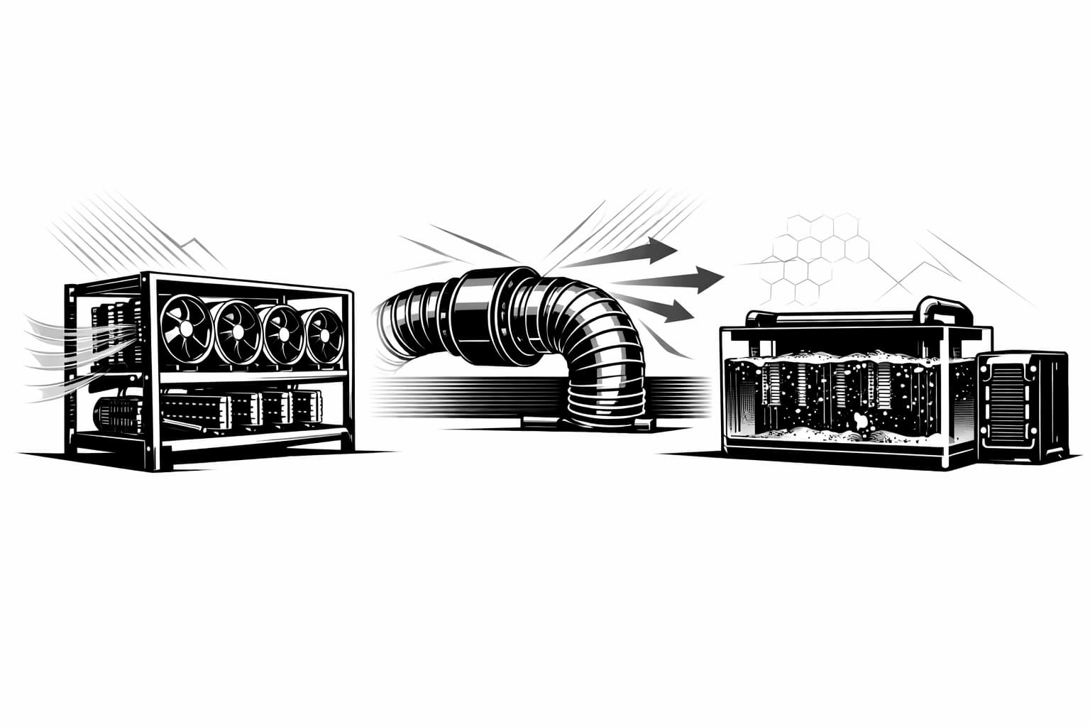 Mining rig cooling methods showing fans, ventilation ducting, and immersion tank setup