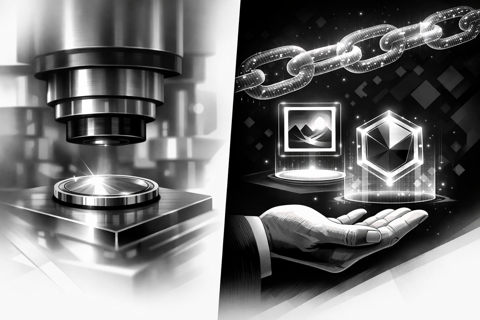 Split illustration of coin minting versus NFT minting with blockchain title deed