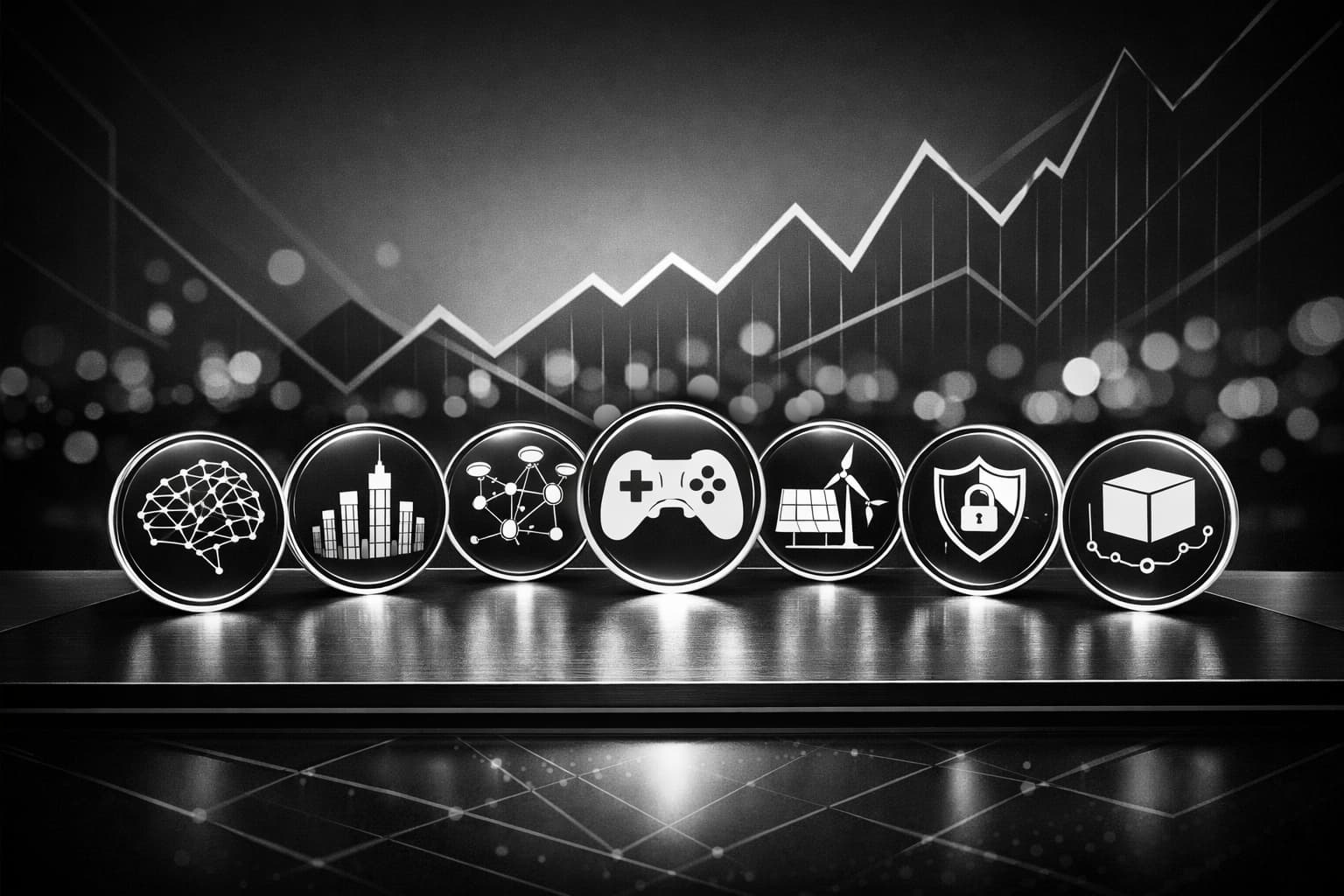 Seven crypto tokens representing AI, RWA, DePIN, gaming, and diversification themes