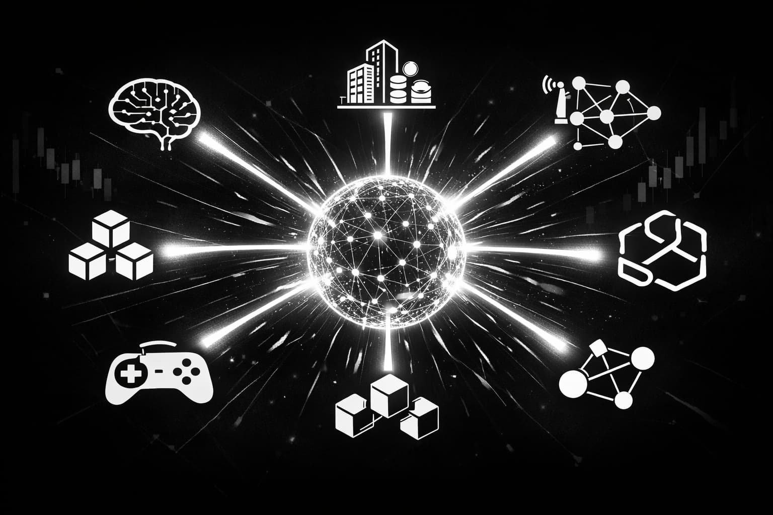 Futuristic crypto market sphere with seven beams highlighting key 2026 narratives