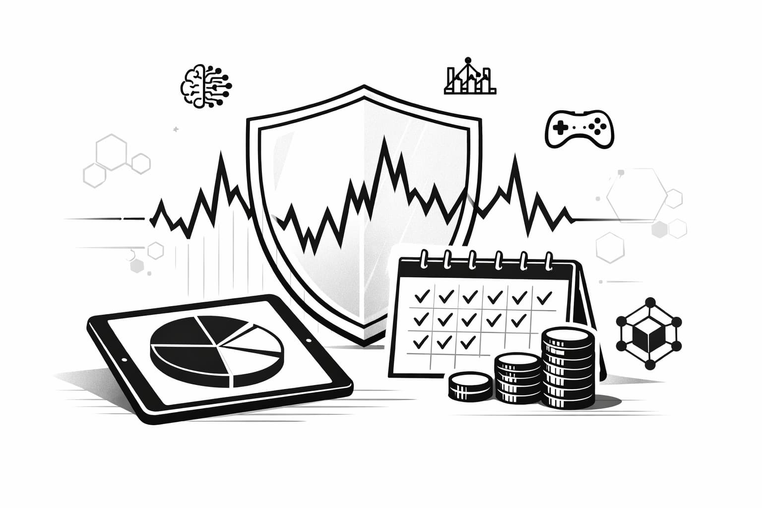 Illustration of crypto risk management with diversification, DCA calendar, and volatility shield