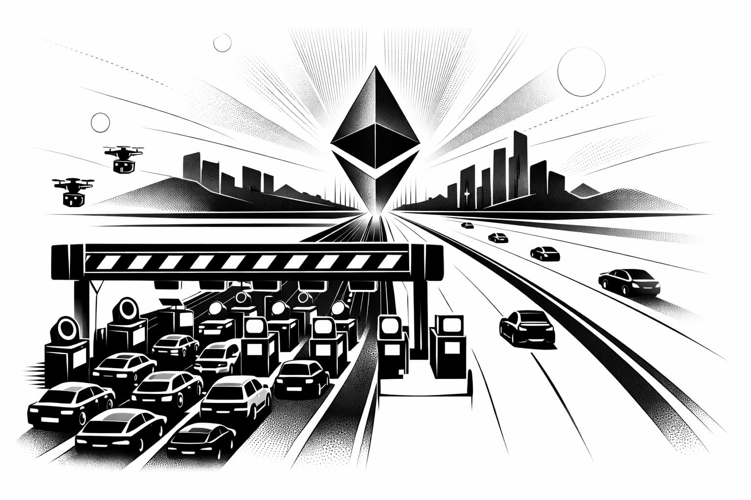 Ethereum minting visualized as a congested toll highway representing NFT gas fees