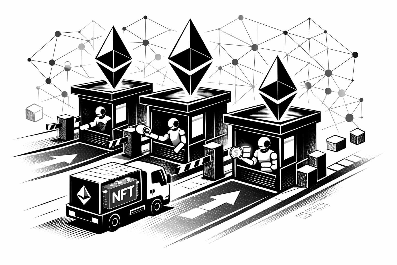 Illustration of an NFT transaction paying a toll to Ethereum network validators